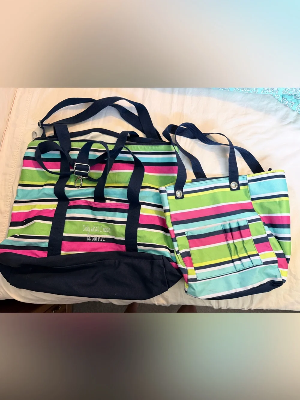 Thirty-One Striped Tote Bag with Navy Trim  and matching tote -